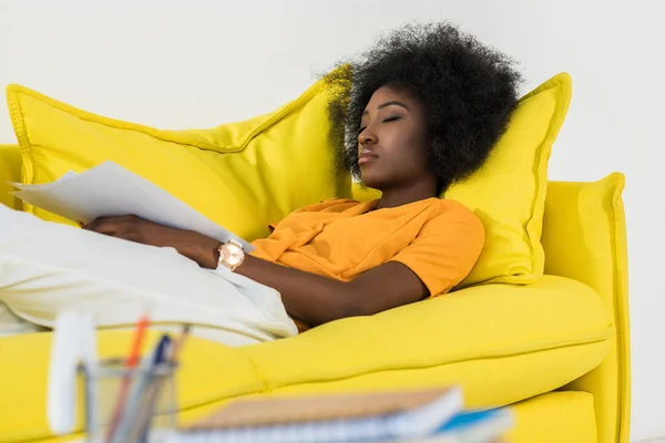 Tired African American Woman Papers Sleeping While Remote Working Sofa — Free Stock Photo