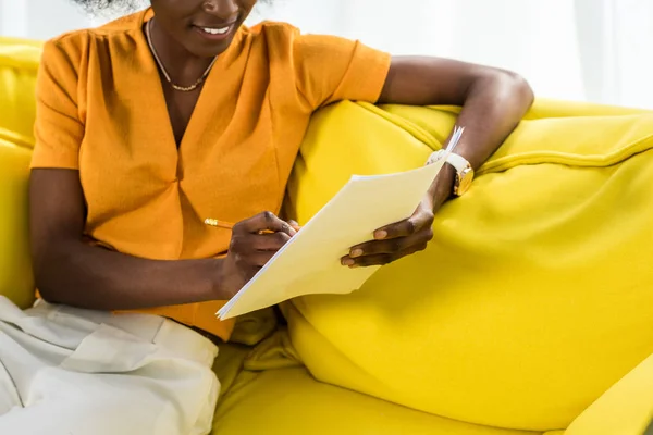 Partial View Smiling African American Woman Papers Remote Working Sofa — Stock Photo, Image