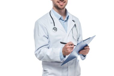 bir erkek doktor tanı beyaz arka plan üzerinde izole Pano yazma kırpılmış atış