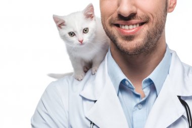 Beyaz arka plan üzerinde izole kedi yavrusu ile gülümseyen hayvan hastalıklarıyla ilgili kırpılmış görüntü
