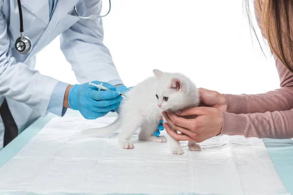 Cropped Image Woman Holding Kitten While Veterinarian Doing Injection Syringe — Stock Photo, Image