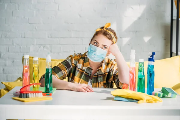 Beautiful Tired Woman Sitting Table Cleaning Supplies Home — Stock Photo, Image