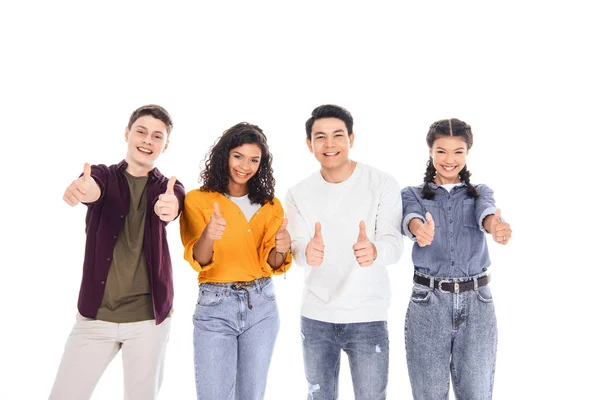 Portrait Multiracial Teen Friends Showing Thumbs Isolated White — Stock Photo, Image