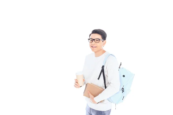 Retrato Estudiante Asiático Con Cuadernos Café Para Aislado Blanco — Foto de Stock