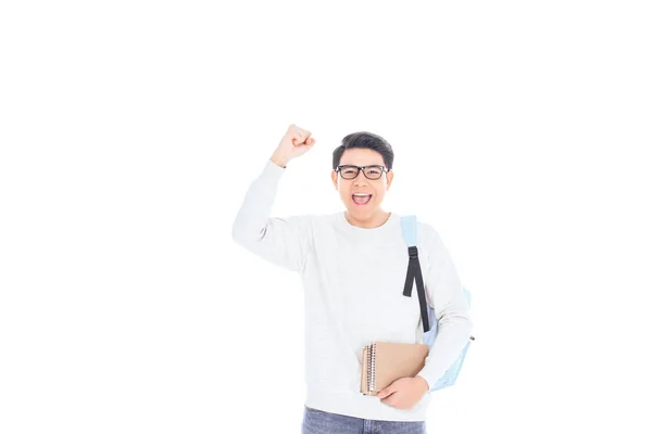 Retrato Feliz Asiático Estudante Com Notebooks Isolado Branco — Fotografia de Stock