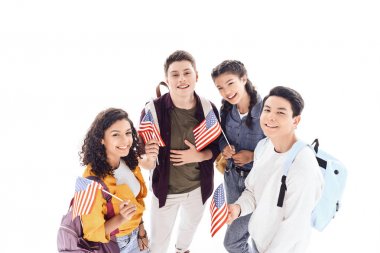 multiethnic teen students holding usa flags isolated on white clipart