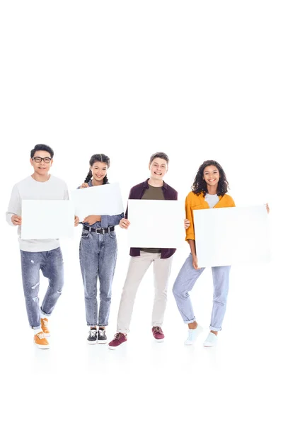 Smiling Interracial Teenagers Holding Blank Banners Hands Isolated White — Stock Photo, Image