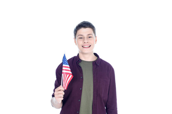 smiling teenage student boy with usa flag isolated on white