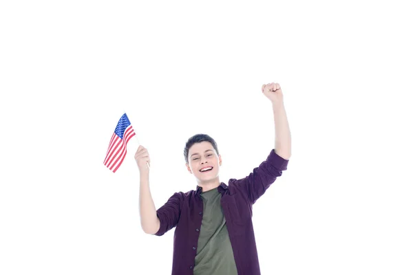 Adolescente Feliz Menino Estudante Com Bandeira Eua Isolado Branco — Fotografia de Stock