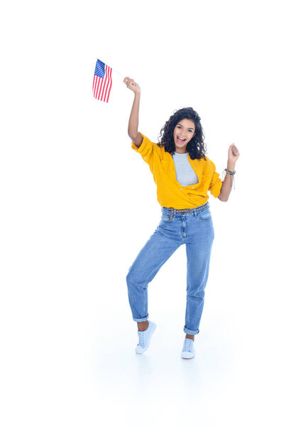 happy teenage african american student girl with usa flag isolated on white