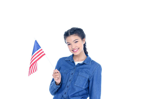 smiling teenage student girl with usa flag isolated on white