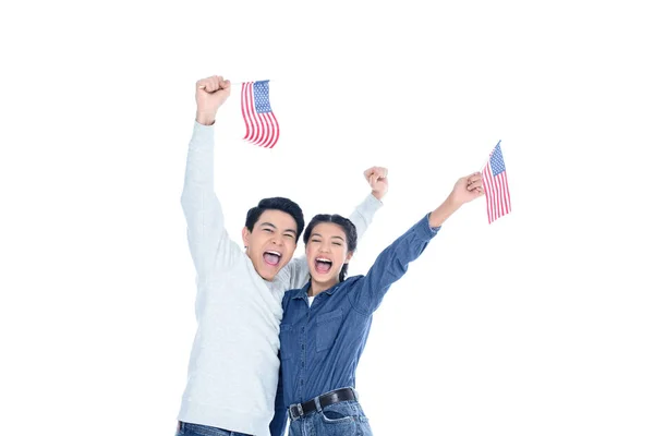 Boldog Tinédzser Diákok Elszigetelt Fehér Usa Zászlókkal — Stock Fotó