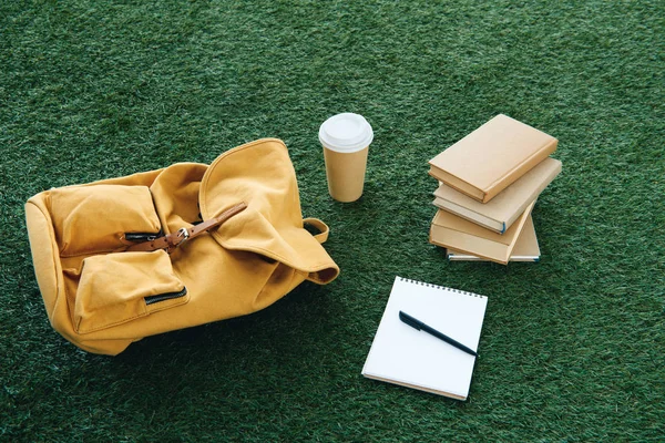 Backpack School Supplies Green Grass — Stock Photo, Image