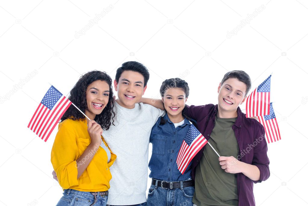 smiling teen students with usa flags  isolated on white