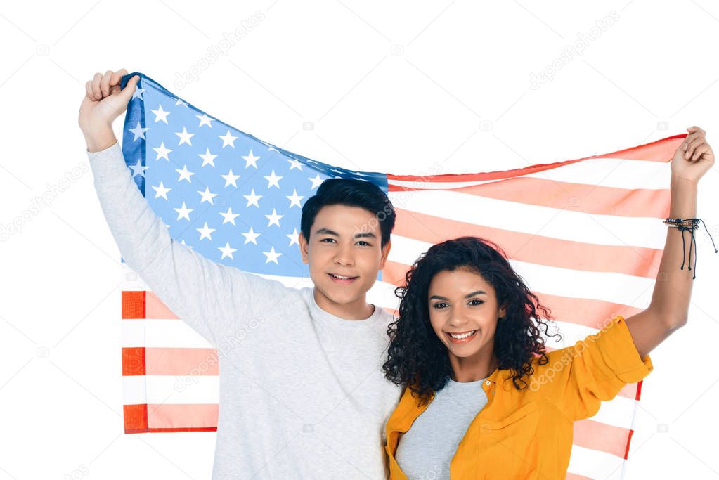 teenage students with american flag behind back isolated on white