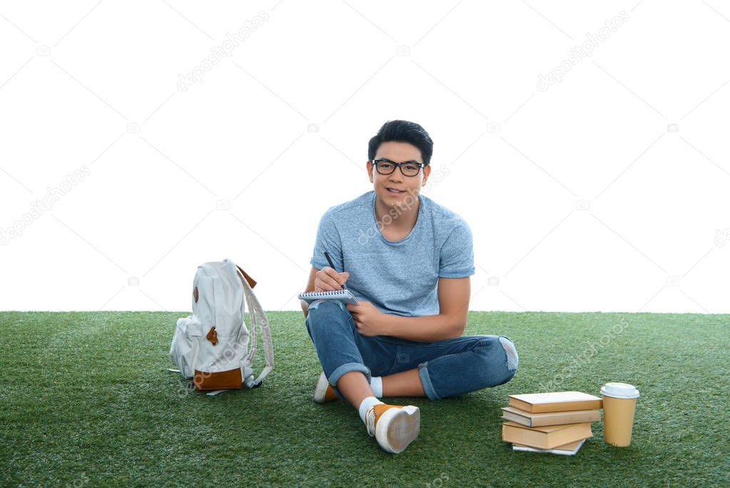 teen asian student boy studying while sitting on grass isolated on white
