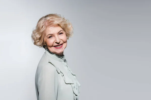 Close Portrait Happy Senior Woman Isolated Grey — Stock Photo, Image