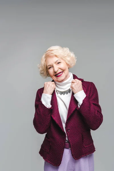 Smiling Senior Woman Stylish Jacket Turtleneck Isolated Grey — Stock Photo, Image