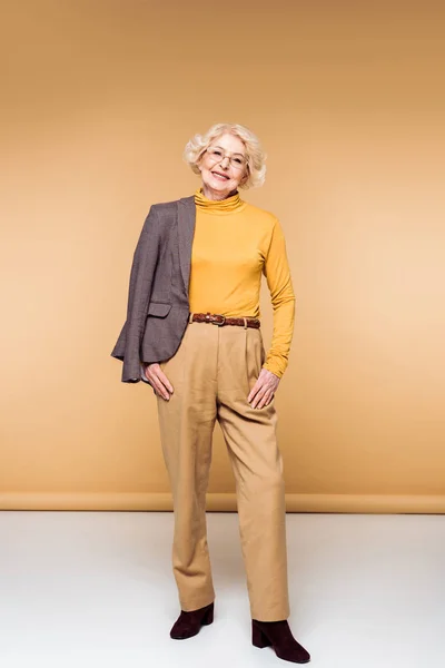Smiling Fashionable Senior Woman Eyeglasses Posing Jacket Shoulder — Stock Photo, Image