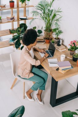 Afro-Amerikan işkadını laptop kullanma office yüksek açılı görünüş