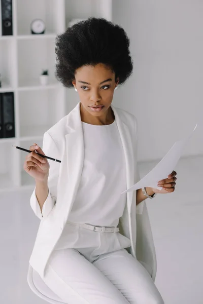 Attractive African American Businesswoman Holding Document Pencil Office — Stock Photo, Image