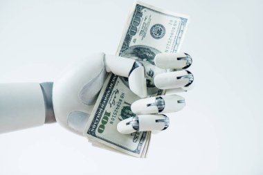 close-up view of robot holding dollar banknotes isolated on white  clipart