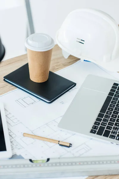 Laptop Blueprint Notebook Disposable Coffee Cup Hard Hat Workplace — Free Stock Photo