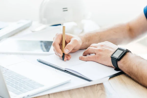 Partial View Person Wearing Smartwatch Taking Notes Workplace — Stock Photo, Image