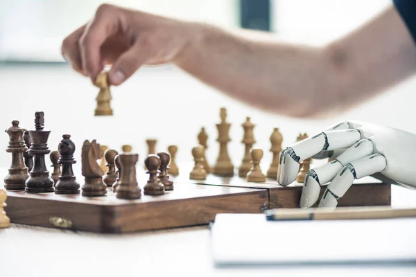 Close View Person Robotic Arm Playing Chess — Stock Photo, Image