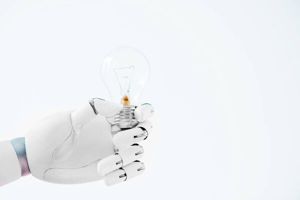 close-up view of hand of robot holding light bulb isolated on white