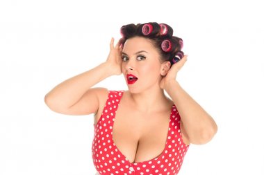 curlers saç beyaz izole duygusal artı boyutu kadınla