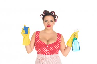 mutlu artı boyutu kadın temizlik üzerinde beyaz izole malzemeleri ile lastik eldiven