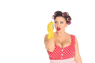 lastik eldiven sünger gibi beyaz izole telefon ile konuşurken kadında boyutu artı duygusal