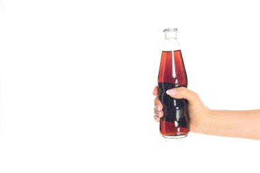 cropped shot of woman holding bottle of soda isolated on white clipart
