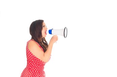 side view of angry plus size woman shouting at loudspeaker isolated on white clipart