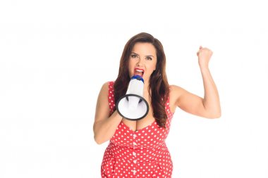 angry plus size woman shouting at loudspeaker and looking at camera isolated on white clipart