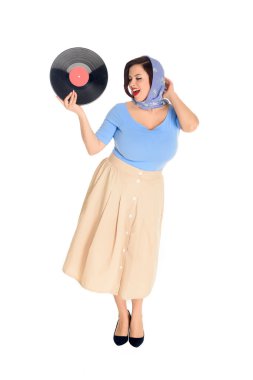 beyaz izole vinil kaydı tutan kadın kadar şık PIN gülümseyen 