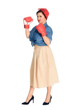 full length view of beautiful size plus pin up model in boxing gloves looking at camera isolated on white clipart