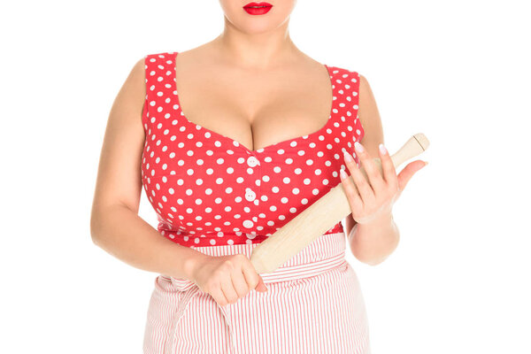 cropped shot of plus size woman with wooden rolling pin isolated on white