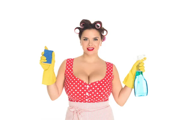 Happy Size Woman Rubber Gloves Cleaning Supplies Isolated White — Free Stock Photo