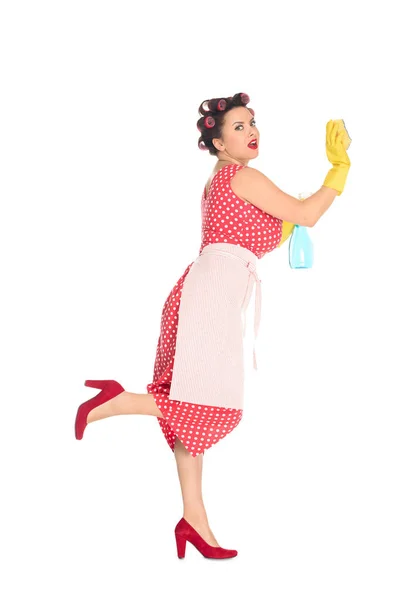 Emotional Size Woman Rubber Gloves Cleaning Supplies Wiping Blank Space — Stock Photo, Image