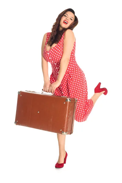 Happy Size Woman Vintage Suitcase Isolated White — Stock Photo, Image