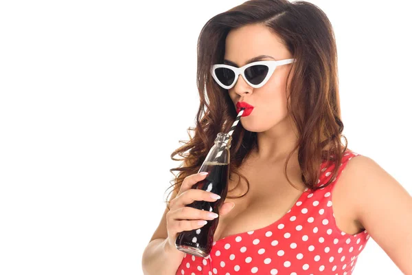 Mujer Elegante Más Tamaño Gafas Sol Vintage Con Botella Refresco — Foto de Stock