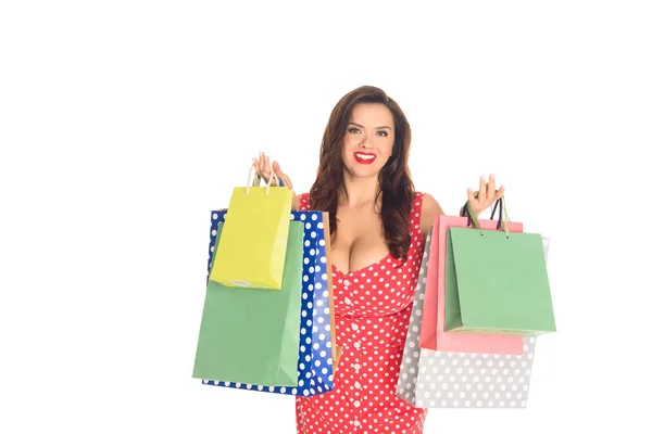 Smiling Size Woman Holding Colorful Shopping Bags Isolated White — Stock Photo, Image