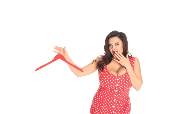 Shocked Size Woman Empty Hanger Hand Isolated White — Stock Photo, Image