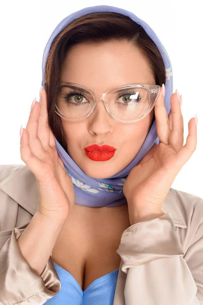Close Portrait Beautiful Young Woman Kerchief Stylish Eyeglasses Isolated White — Free Stock Photo