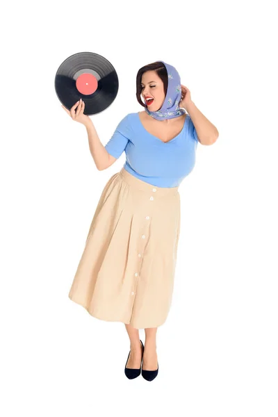 Lachende Stijlvolle Pin Vrouw Met Vinyl Record Geïsoleerd Wit — Stockfoto