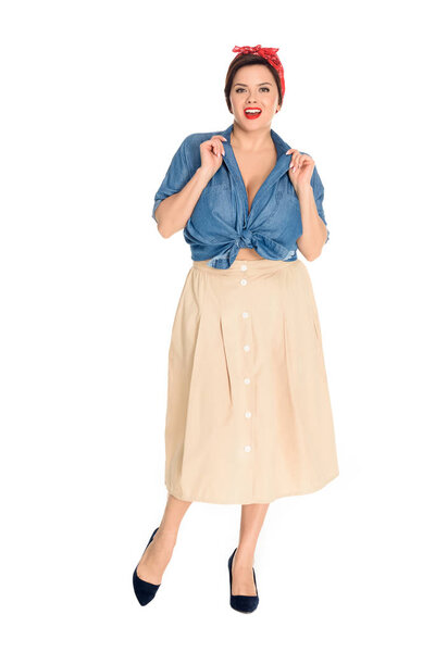 full length view of sexy size plus pin up model smiling at camera isolated on white 