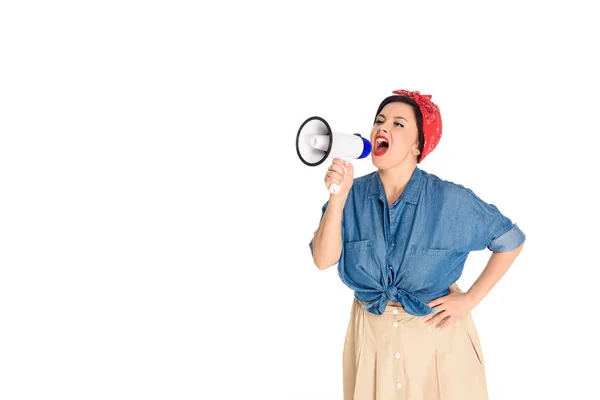 Emotional Pin Woman Standing Hand Waist Yelling Megaphone Isolated White — Stock Photo, Image