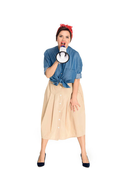 emotional size plus pin up model yelling in megaphone and looking at camera isolated on white